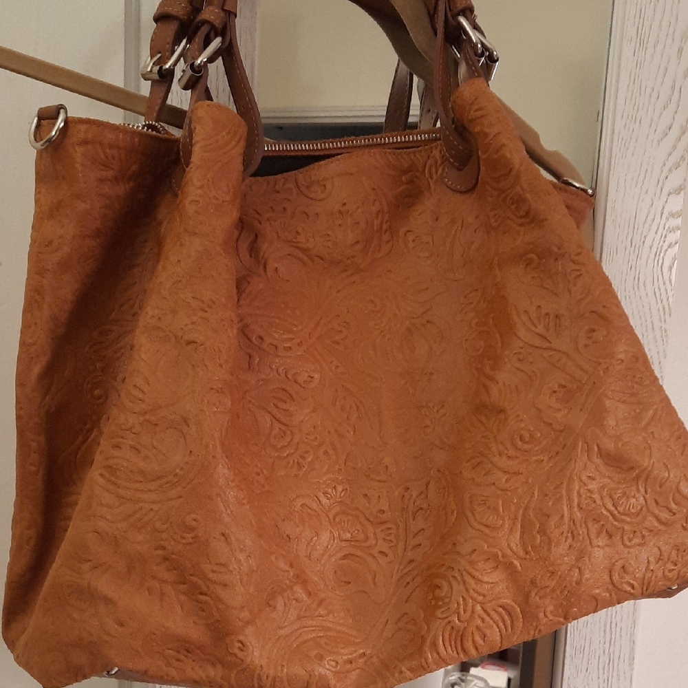 Embossed Floral Tan Satchel